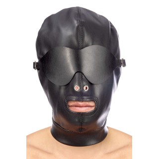 Cagoule BDSM aspect cuir avec masque occultant amovible