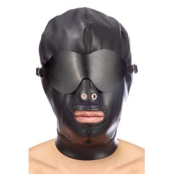 Cagoule BDSM aspect cuir avec masque occultant amovible