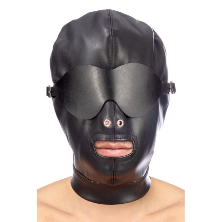 Cagoule BDSM aspect cuir avec masque occultant amovible