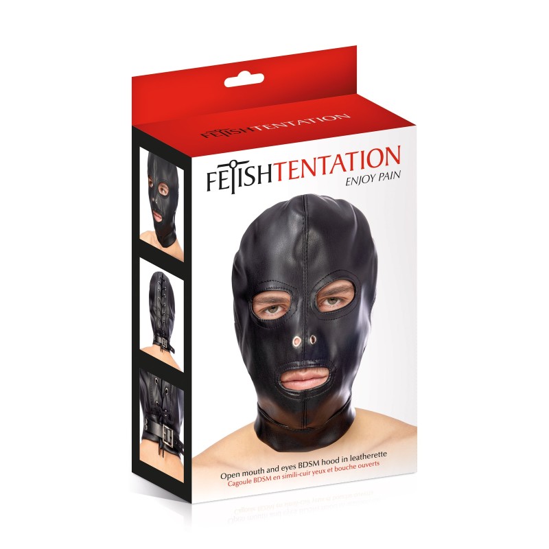 Cagoule BDSM aspect cuir yeux et bouche ouverts