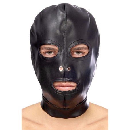 Cagoule BDSM aspect cuir yeux et bouche ouverts