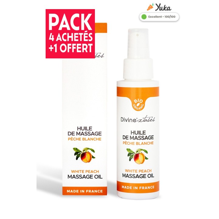 Pack 4 + 1 Offert – Huile de Massage Bio Pêche Blanche | 100% Naturelle & Nourrissante