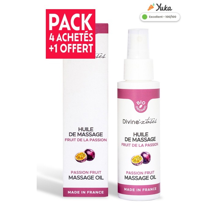 Pack 4 + 1 offert – Huile de massage Bio Fruits de la Passion, 100% Naturelle & Relaxante