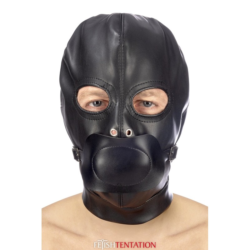 Cagoule BDSM simili cuir avec baillon amovible