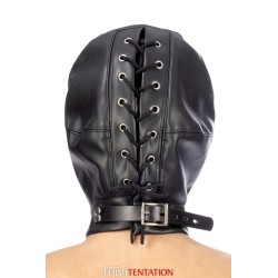 Cagoule BDSM simili cuir avec baillon amovible