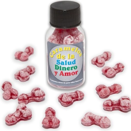 12 BONBONS SANTÉ-ARGENT-AMOUR FORME DE PÉNIS FRAISE/CERISE